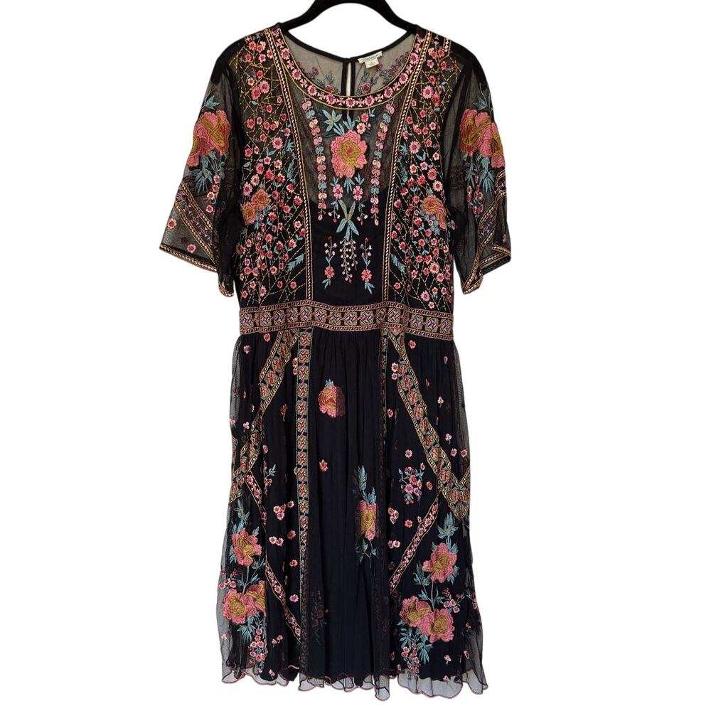 Sundance Roxanna Embroidered Mesh Dress Boho Fall Wedding Cocktail Dress size L